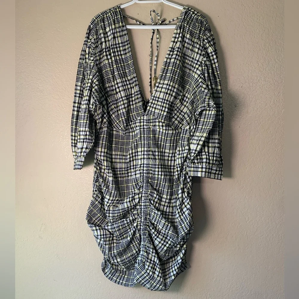 ASOS Curve Design Ruched Check Print Puff Sleeve Retro Mini Dress Size 22 NWT - Picture 2 of 9